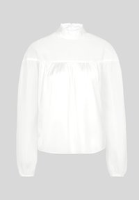 White satin blouse with a high neck, long puffed sleeves, and gathered detail at the bust. Smooth texture with a slight sheen.
