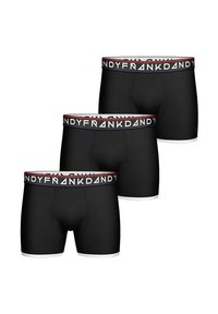 Mustat boxerit kolmessa paketissa, joissa on valkoinen ja punainen joustovyö, jossa on brändin nimi "FRANK DANDY" ja valkoinen reuna.