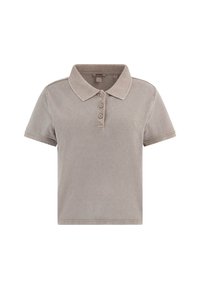 Kortärmad taupe polo med tre knappar och en liten broderad logotyp på vänster bröst.