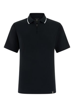 Polo noir à manches courtes avec col bordé de blanc et fermeture éclair à l'avant, avec une petite étiquette de marque à l'ourlet.