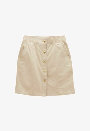 Beige polven pituinen hame, jossa kuusi kultanappia etuosassa ja sivutaskut, ommellut paneeliyksityiskohdat ja istuva vyötärö.