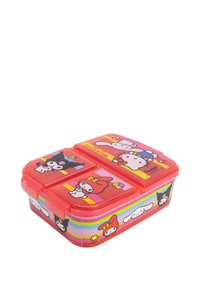 Scatola per il pranzo rossa in plastica con personaggi dei cartoni animati colorati, scompartimenti divisi e una chiusura sicura. presenta accenti floreali e strisce vivaci.