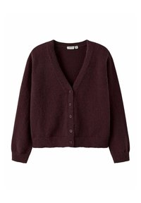 Cardigan bordeaux avec un col en V, des manches longues et six boutons. Tissu doux et texturé ; ourlet court et poignets côtelés.