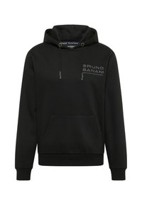 Zwarte hoodie met capuchon en trekkoorden, voorzak en "BRUNO BANANI" logo op de borst gedrukt. Gemaakt van zachte stof.