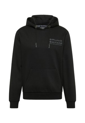 Schwarzer Kapuzenpullover mit Kordelzug, aufgesetzter Tasche vorne und dem "BRUNO BANANI"-Logo auf der Brust. Hergestellt aus weichem Stoff.