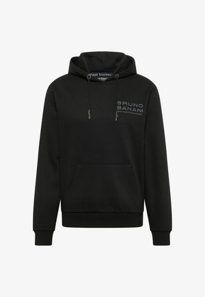 Schwarzer Kapuzenpullover mit Kordelzug, aufgesetzter Tasche vorne und dem "BRUNO BANANI"-Logo auf der Brust. Hergestellt aus weichem Stoff.