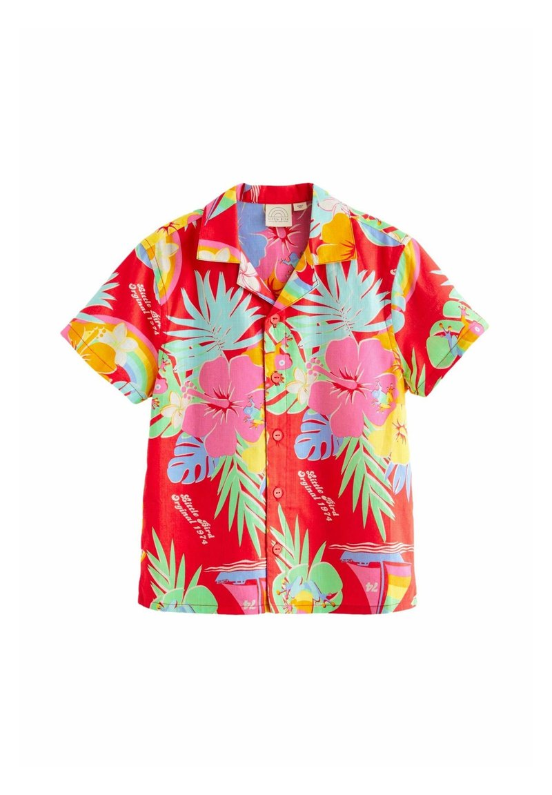 Rood shirt met korte mouwen met tropische bloemenpatronen in roze, geel en groen, met een knoopsluiting en kraag. Glad materiaal.