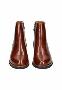 Brown leather ankle boots with a smooth finish, round toe, and side zippers. Features a black rubber sole and welt stitching detail.