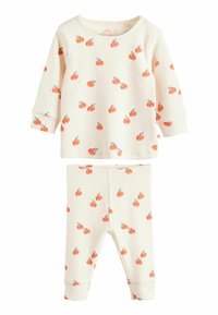 Zweiteiliges Baby-Outfit aus geripptem Stoff in cremefarbener Farbe mit einem Allover-Muster aus kleinen orangefarbenen Kürbissen und grünen Blättern.