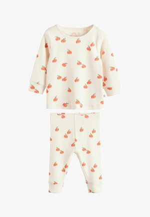 Két részes babaöltözet bordázott anyagból, krémszínben, apró narancssárga tökök és zöld levelek mintázatával.