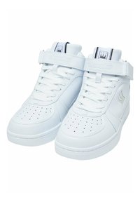 Weiße High-Top-Sneaker aus glattem Leder mit perforierter Zehe, flachen Schnürsenkeln und verstellbarem Klettverschluss. Mit dezenter Markenkennzeichnung an der Seite.