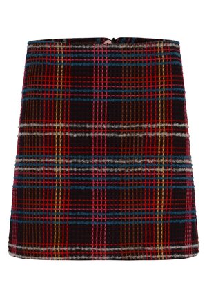 Minirock mit hoher Taille und kariertem Muster in Rot, Blau, Gelb und Weiß sowie sichtbarem Reißverschluss am Rücken.