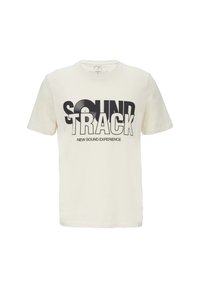 Crème T-shirt met korte mouwen van katoen, met gedurfde zwart-witte tekst: "SOUND TRACK" en een afbeelding van een vinylplaat.
