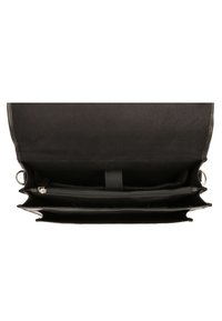 Black leather bag with a structured design. Features multiple compartments, a zippered pocket, and an internal strap for securing items.