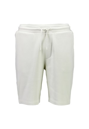 Weiße Shorts aus einer Baumwollmischung mit elastischem Bund, Kordelzugverschluss, seitlichen Taschen und einer glatten, weichen Textur.