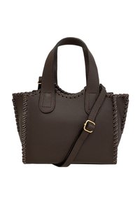 Tumepruun nahast käekott kahe käepidemega, dekoratiivse õmbluse ja reguleeritava õlarihmaga, millel on kuldne pandel.