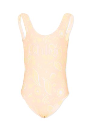 Jasnoróżowy jednoczęściowy kostium kąpielowy z kwiatowym wzorem i szerokimi ramiączkami, z subtelnym napisem „Chloé” na przodzie.