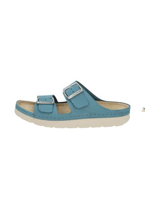 Blauer Sandale mit offenem Zehenbereich, zwei verstellbaren silbernen Schnallen und beiger gepolsterter Sohle, entworfen für den lässigen Gebrauch.