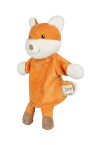 Stuffed fox toy made of orange corduroy with white fur accents, a rounded face, and flat limbs. Tag visible on the side.