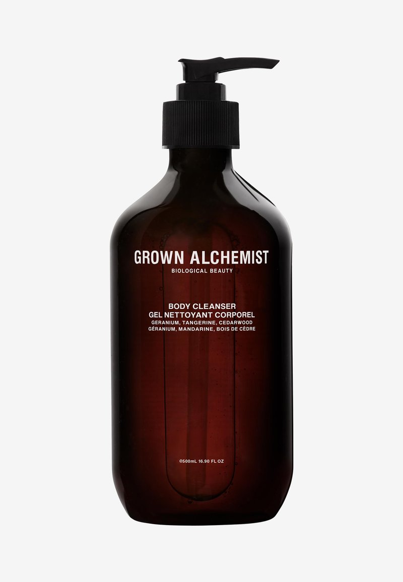 Pump bottle of Grown Alchemist Body Cleanser with geranium, tangerine, and cedarwood scent, 500ml capacity, amber color.