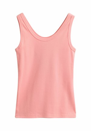 Débardeur rose côtelé sans manches avec un col en U affiché sur un fond blanc uni.