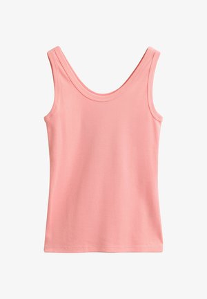 Canotta rosa a coste senza maniche con scollatura a U, mostrata su uno sfondo bianco semplice.