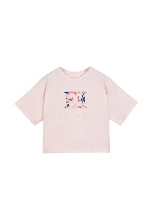 T-shirt corta rosa chiaro con maniche larghe, con una toppa logo "EC" colorata e la scritta "ESCADA" ricamata sotto sul davanti.