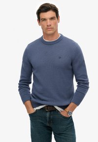 Lichtblauwe gebreide trui met een ribbelboord aan de ronde hals en mouwen. Voorzien van een klein logo op de borst en een subtiele textuur. Draagt boven een wit shirt.