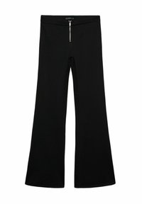 Černé rozšířené kalhoty s hladkou texturou, předním zipem a širokými nohavicemi. Vyrobené z elastické tkaniny pro pohodlí.