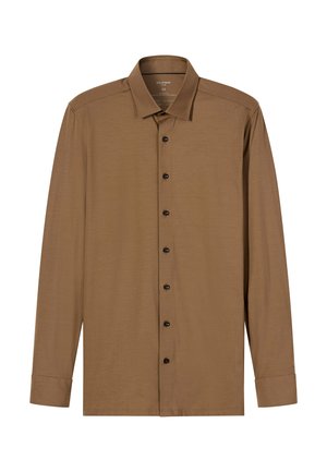 Braunes Langarmhemd mit Button-Down-Kragen, schwarzen Knöpfen und einer glatten Textur. Schmaler Schnitt, geeignet für Freizeit- oder formelle Anlässe.