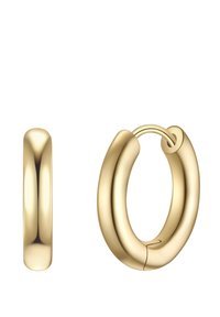 Aukso žiedinės auskarai su lygia, blizgia apdaila. Dizainas yra apvalus, su saugiu vyrišku uždarymu ir minimalistine siluetu.