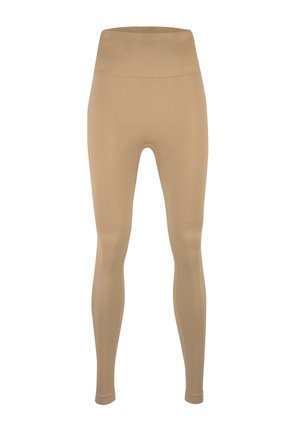 Beige, high-waisted leggings with a smooth texture, full-length design, and elastic waistband for a snug fit. No visible seams or patterns.