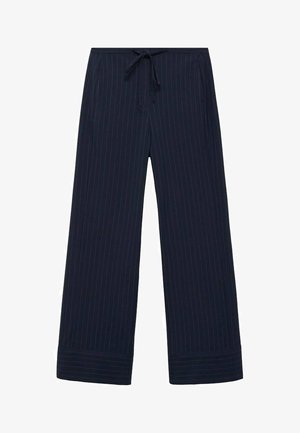 Marinblå vida byxor med randigt mönster, med ett elastiskt midjeband och dragsko, sidofickor och ett texturerat tyg.