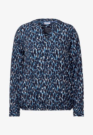 Langärmlige Bluse mit marineblauem Grund und einem blau-weißen abstrakten Muster, V-Ausschnitt und leicht gerafftem Saum. Weiche Stofftextur.