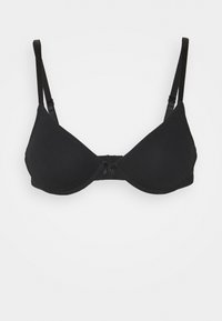 Soutien-gorge noir en tissu doux et lisse, avec des bonnets triangulaires, des bretelles réglables et un petit nœud au centre devant.