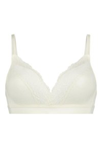 Zacht ivoorkleurig bralette met kantafwerking en een gemêleerd patroon. Voorzien van verstelbare schouderbandjes en een V-halsontwerp. Zonder beugel.