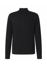 Schwarzer, gerippter Pullover mit hohem Kragen und langen Ärmeln. Verfügt über strukturierten Strickstoff und einen geraden Saum, entworfen für eine figurbetonte Passform.