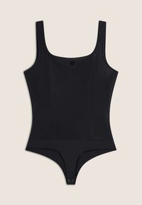 Musta bodysuit, jossa on neliön muotoinen pääntie, paksut hihnat ja neppari alareunassa. Sujuva pinta, istuva muotoilu ja ilman kuvioita.