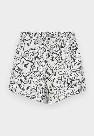 Black and white shorts featuring an abstract pattern with rounded shapes and smiley faces, made of lightweight fabric, with an elastic waistband.
