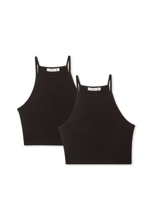 Top crop nero senza maniche realizzato in un tessuto morbido con scollo alto, dotato di spalline sottili e design aderente. Include due pezzi.