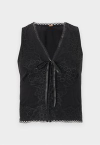 Μαύρο αμάνικο τοπ με V-neck, λεπτομέρειες από δαντέλα, σατέν κορδέλα για δέσιμο στο μπροστινό μέρος και δι ακοσμητικά κουμπιά. Διακοσμητικό τελείωμα από δαντέλα "βλεφαρίδες" στη βάση.