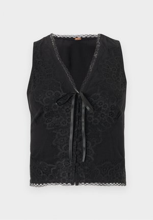 Μαύρο αμάνικο τοπ με V-neck, λεπτομέρειες από δαντέλα, σατέν κορδέλα για δέσιμο στο μπροστινό μέρος και διακοσμητικά κουμπιά. Διακοσμητικό τελείωμα από δαντέλα "βλεφαρίδες" στη βάση.
