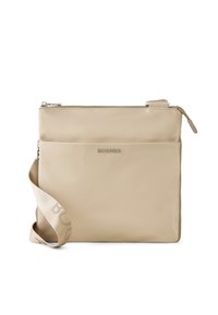 Beige synthetic crossbody bag with a smooth texture, silver zipper, and a flat front pocket. Adjustable strap with "BOGNER" branding.