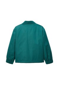 Veste en coton teal à la coupe décontractée, dotée d'un col pointu, de poignets élastiques et d'une couleur unie sans motifs ni accents supplémentaires.