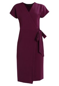 Vestito avvolgente viola al ginocchio con maniche corte e chiusura a fiocco laterale.