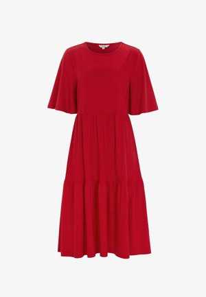Rode midi-jurk met korte uitlopende mouwen, ronde halslijn, geplooide taille en gelaagde rokzoom.