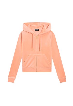 Velours zip-up hoodie in perzikkleur met voorzakken, aantrekkoorden met gouden uiteinden en een klein geborduurd logo op de borst.