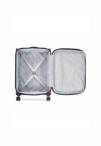 Expandable suitcase with a black exterior and purple accents. Interior features grey lining, compression straps, and a mesh pocket.