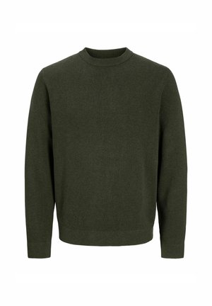 Olivgrüner Strickpullover mit Rundhalsausschnitt, langen Ärmeln und geradem Saum. Hergestellt aus weichem Material mit strukturierter Oberfläche.