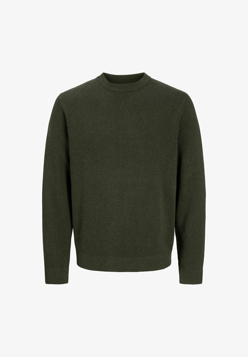 Pull en tricot vert olive avec col rond, manches longues et ourlet droit. Confectionné en matière douce avec une finition texturée.